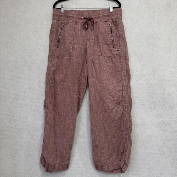 Athleta Pants Womens 12 Petite Pink Linen Jogger Drawstring Zip Pockets Cuffed - Picture 1 of 10